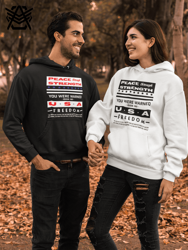 Peace through Strength Pullover Unisex white Hoodie